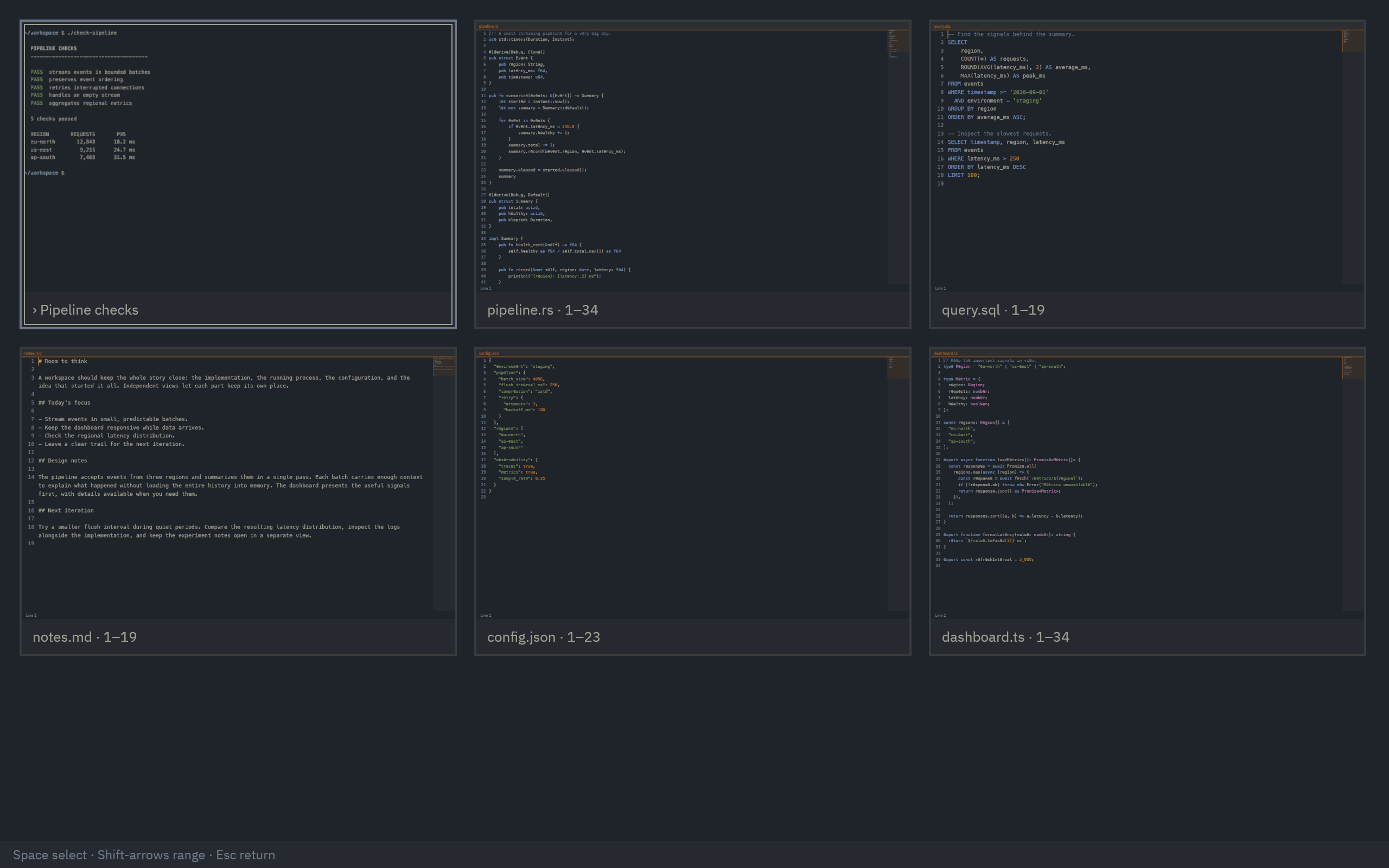 Overview showing six previews: a terminal, Rust code, SQL, Markdown notes, JSON configuration, and TypeScript. The terminal view is selected.