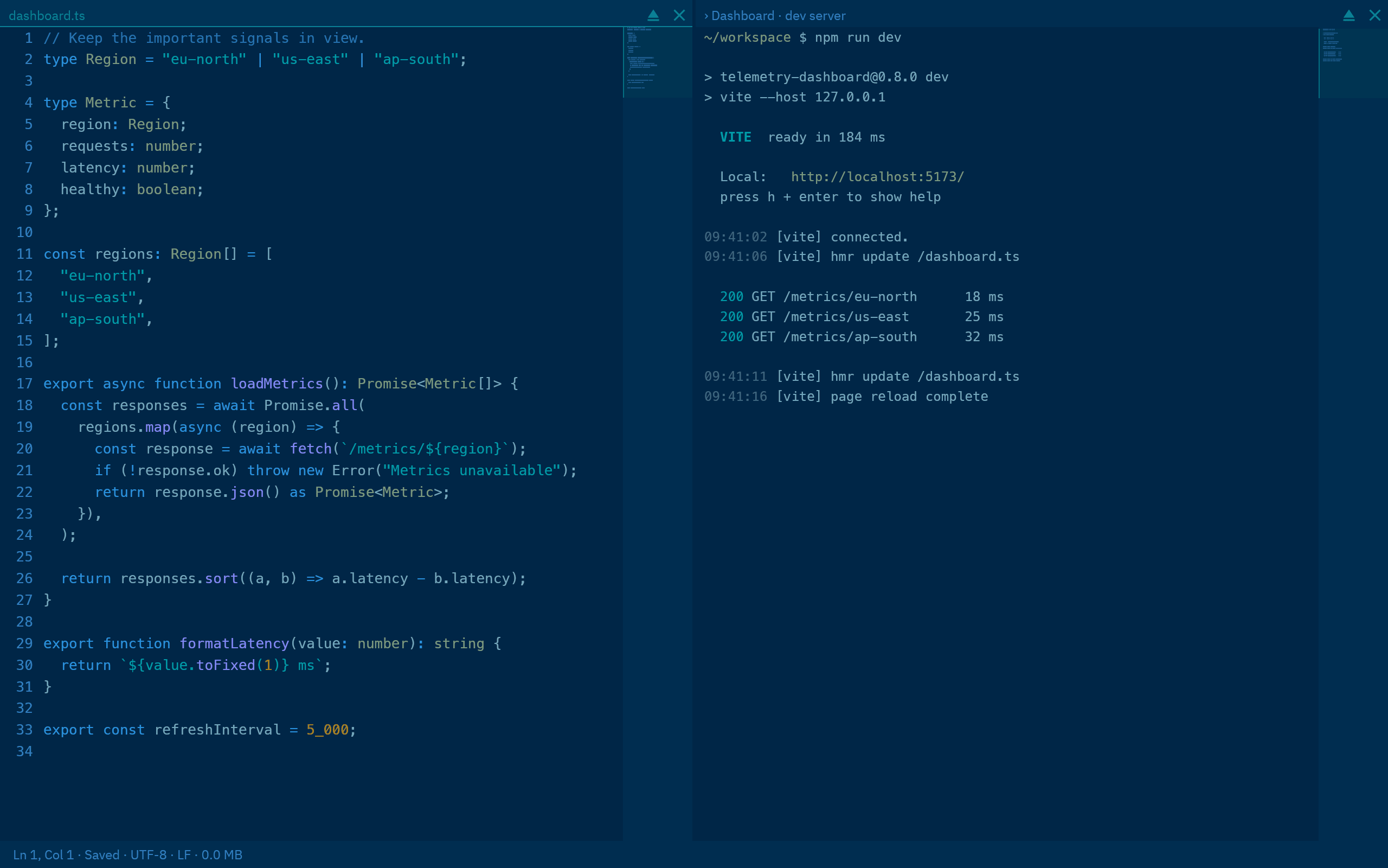 A TypeScript editor beside a development server terminal in the dark blue Deep sea theme.