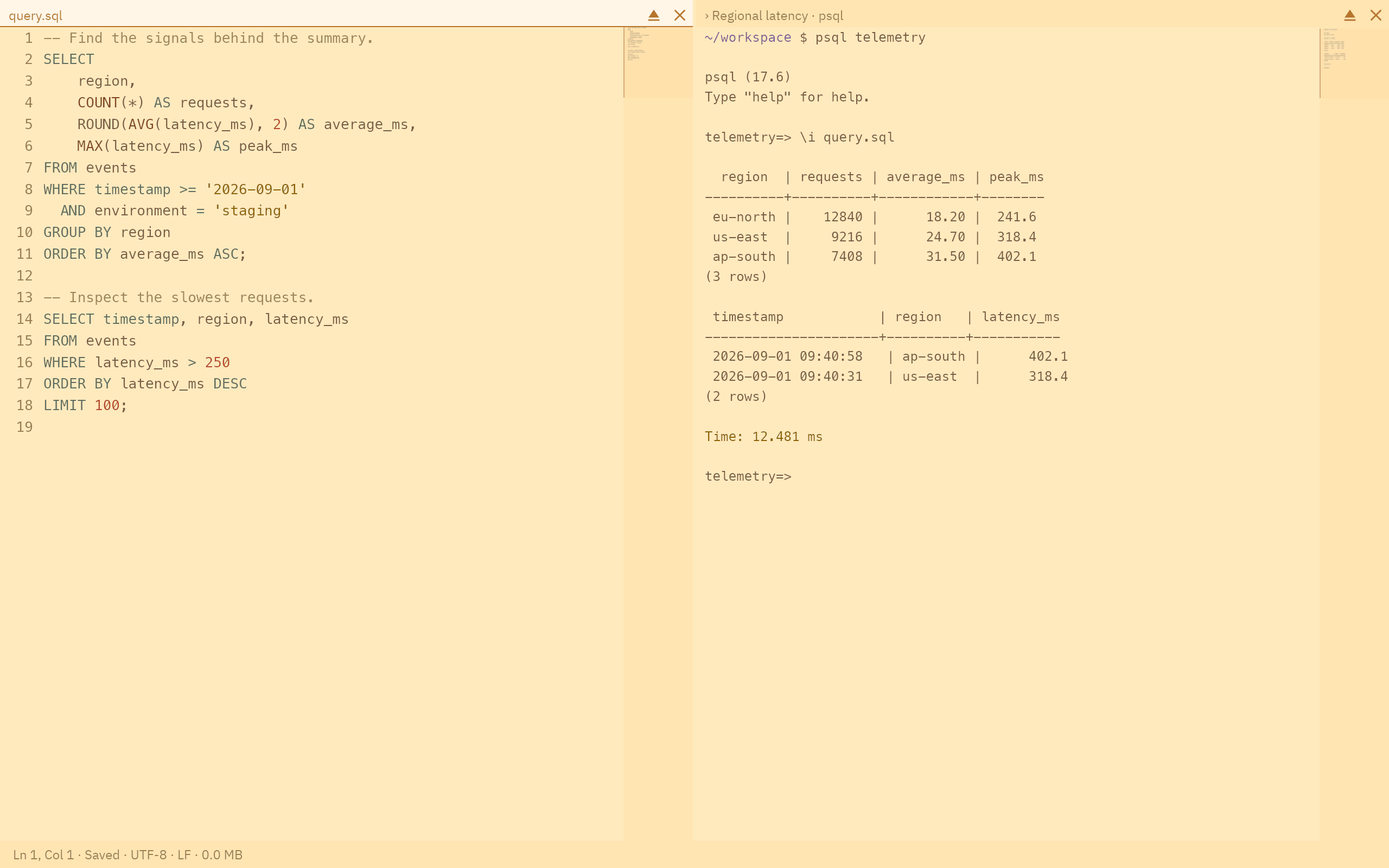 A SQL editor beside terminal query results in Vellum, with a warm parchment background and muted text colors.