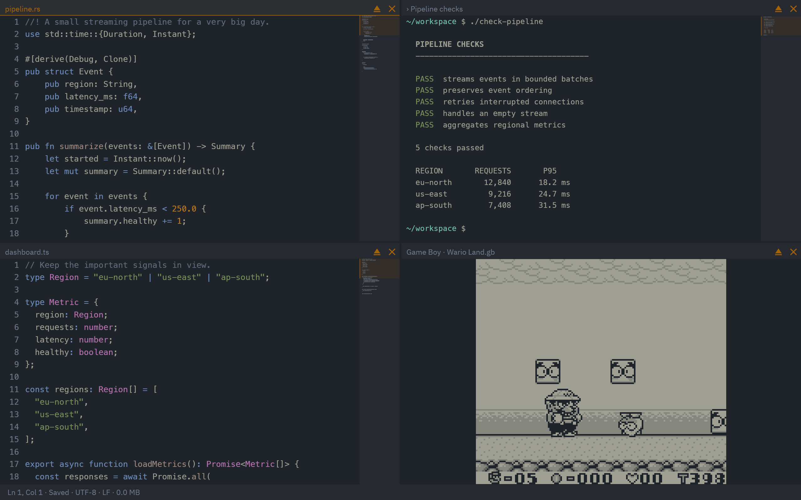 sh/redder in the Carbon theme, with Rust and TypeScript editors on the left, terminal checks at the upper right, and a Game Boy game below.