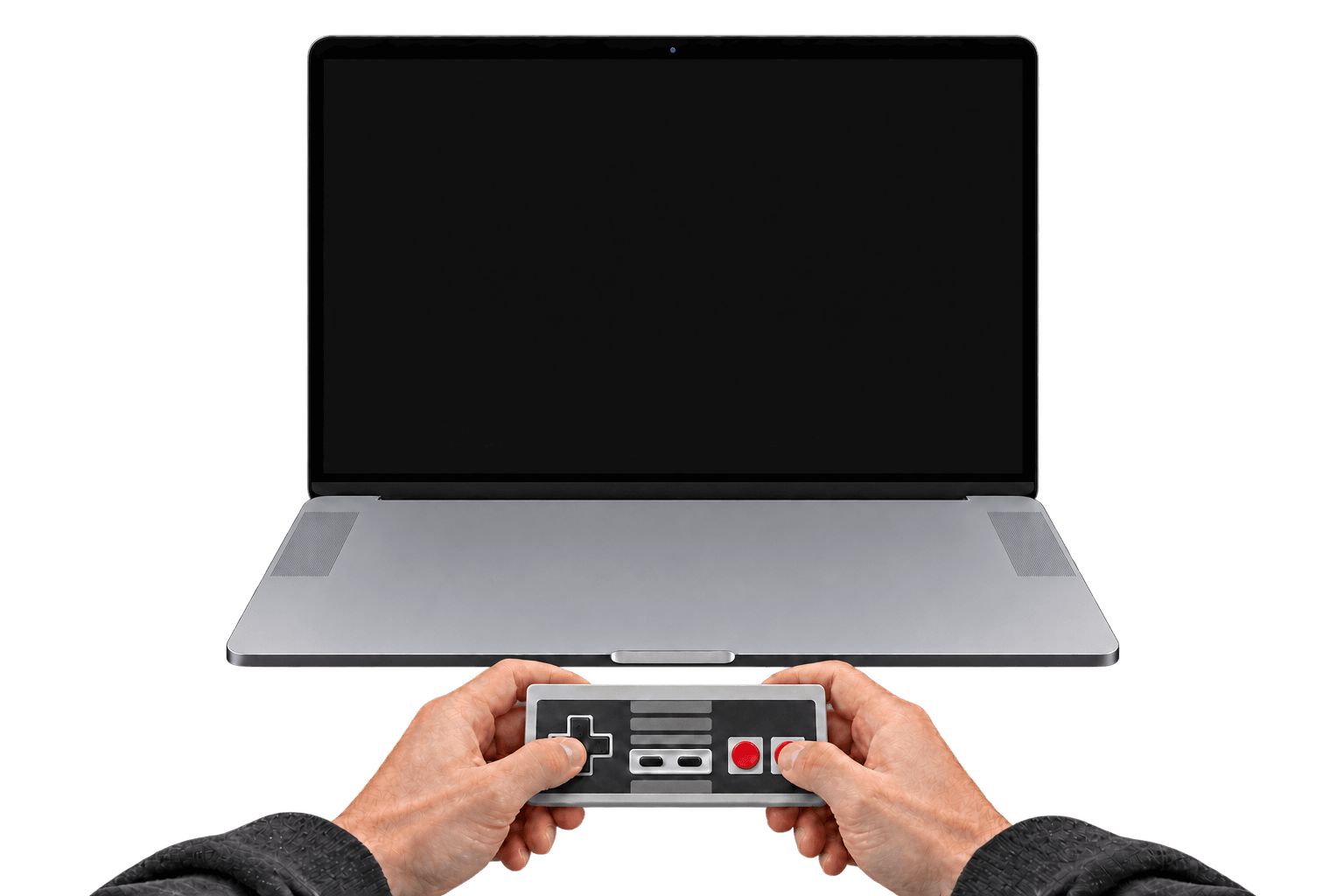 Relaxed hands holding a NES controller below an open MacBook Pro.