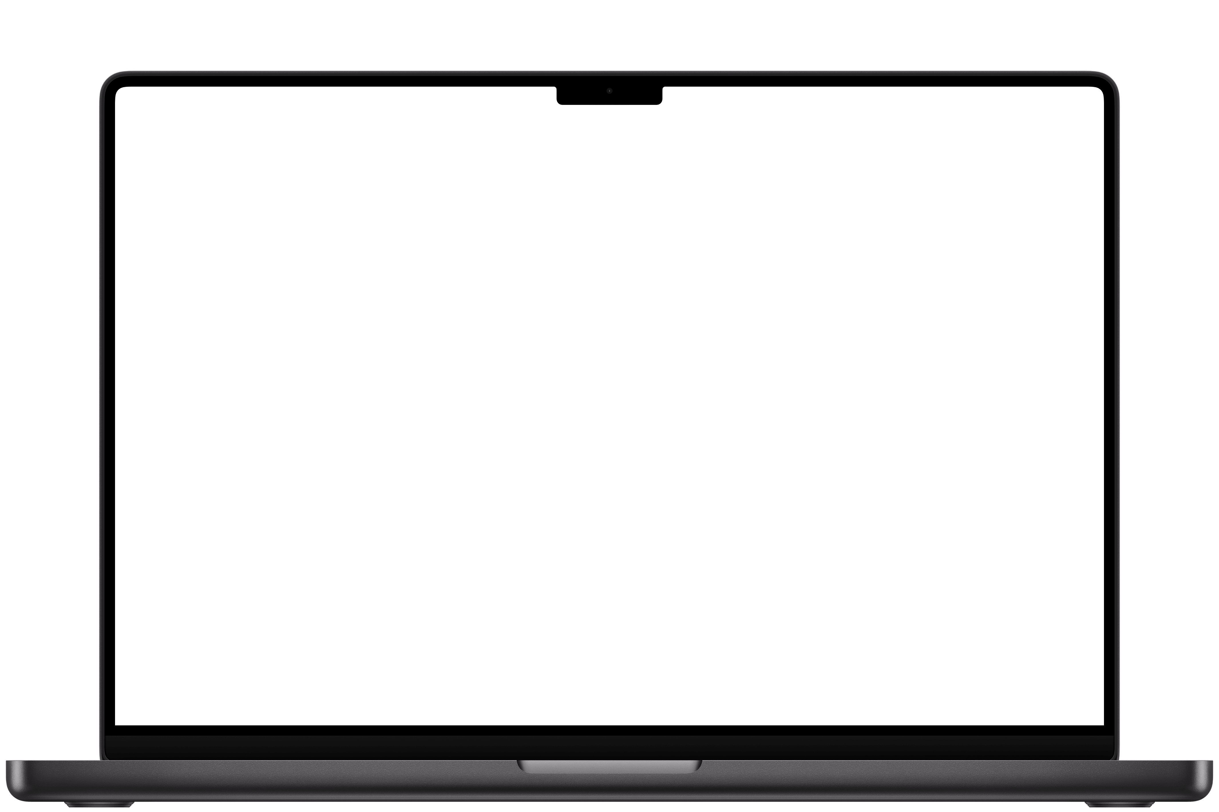 A front-facing space-black MacBook Pro with its screen upright and only the thin front edge of its base visible.